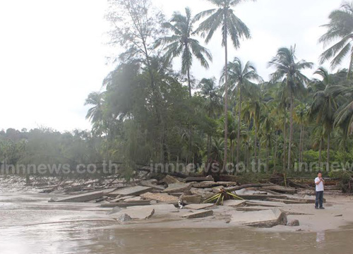 ระนองฝนตกหนักคลื่นซัดถนนพังต้นมะพร้าวล้ม