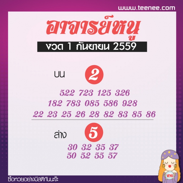 เลขเด็ด สำนักดัง งวดที่ 1 กันยายน 2559