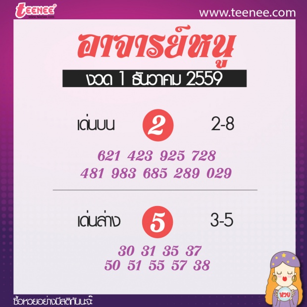 เลขเด็ด สำนักดัง งวดที่ 1 ธันวาคม 2559