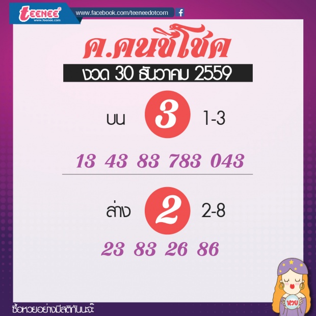 เลขเด็ด สำนักดัง งวดที่ 30 ธันวาคม 2559