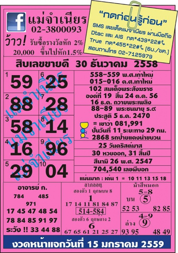 เลขเด็ดเลขดัง งวดวันที่ 30 ธ.ค.58 เช็คที่นี่เลยจ้า