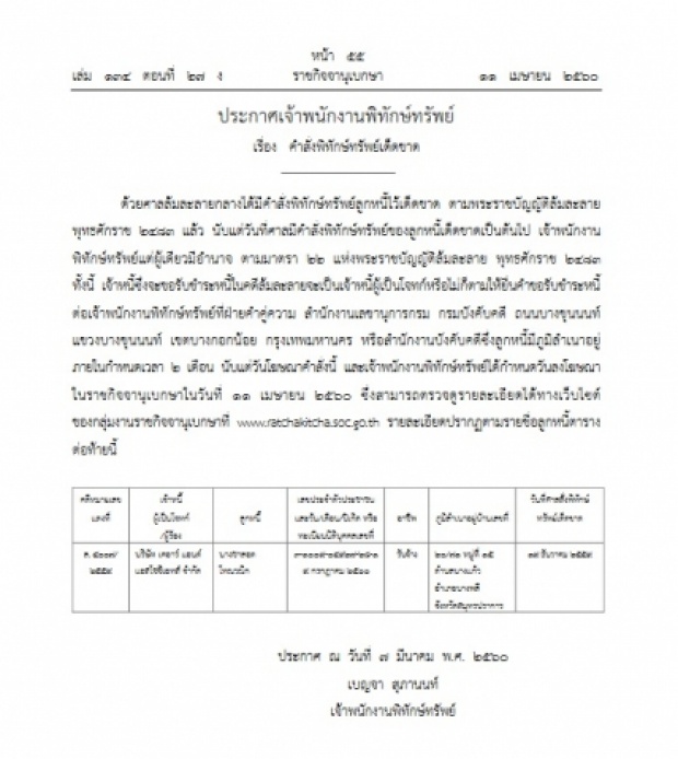 ราชกิจจาฯ ออกประกาศพิทักษ์ทรัพย์ ชาลอต โทณวณิก