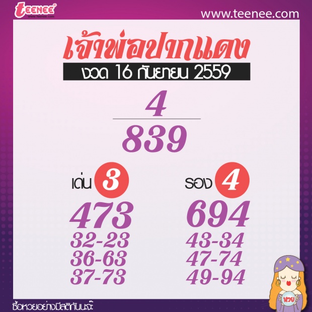 เลขเด็ด สำนักดัง งวดที่ 16 กันยายน 2559 