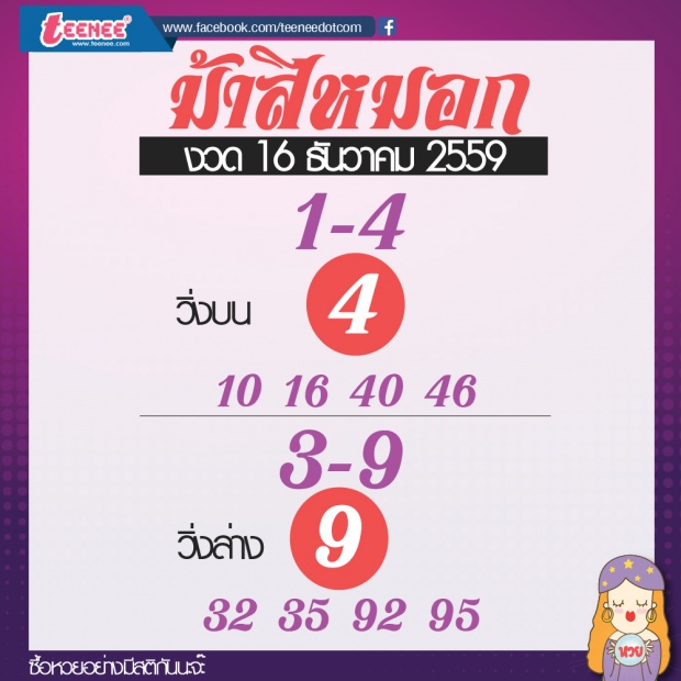 เลขเด็ด สำนักดัง งวดที่ 16 ธันวาคม 2559