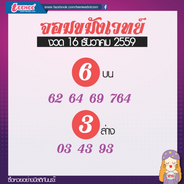 เลขเด็ด สำนักดัง งวดที่ 16 ธันวาคม 2559