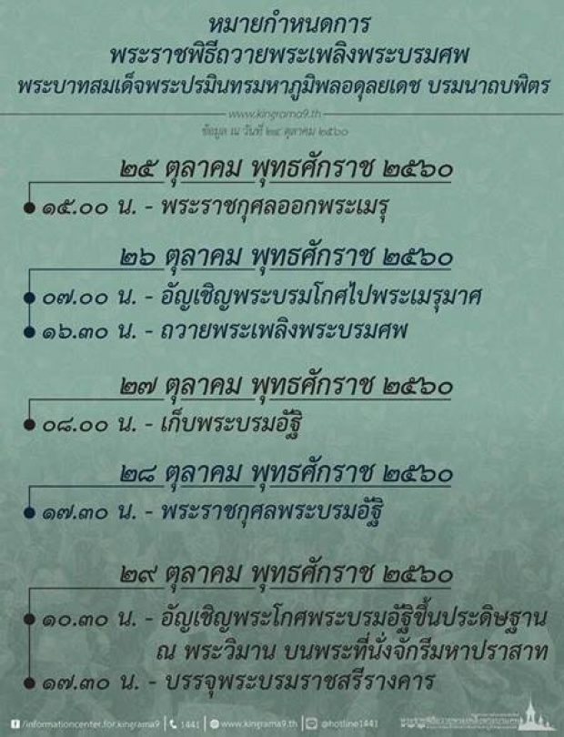 หมายกำหนดการล่าสุด พระราชพิธีถวายพระเพลิง 25-29 ต.ค.