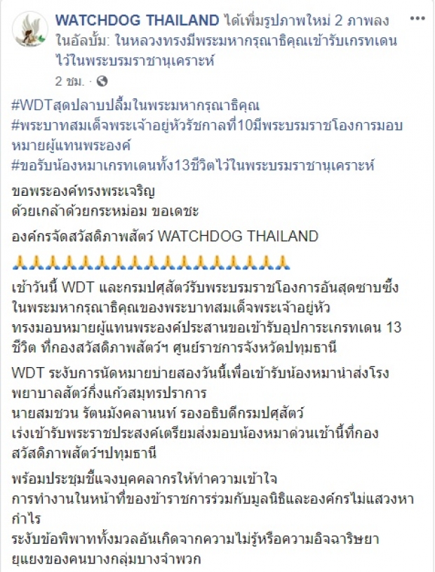 ในหลวง ร.10 ทรงรับ เกรทเดน 13 ชีวิต ไว้ในพระบรมราชานุเคราะห์