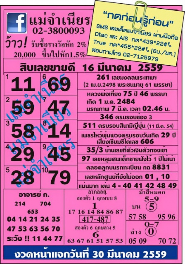 เช็คเลขเด็ดเลขดัง งวด16/3/59 ที่นี้เลยจ้า