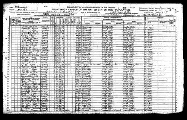 แบบสำมะโนประชากร ค.ศ.1920 ของรัฐมิสซิสซิปปี มีรายชื่อผู้ป่วยที่เข้ารับการรักษาในสถานพยาบาลแห่ง