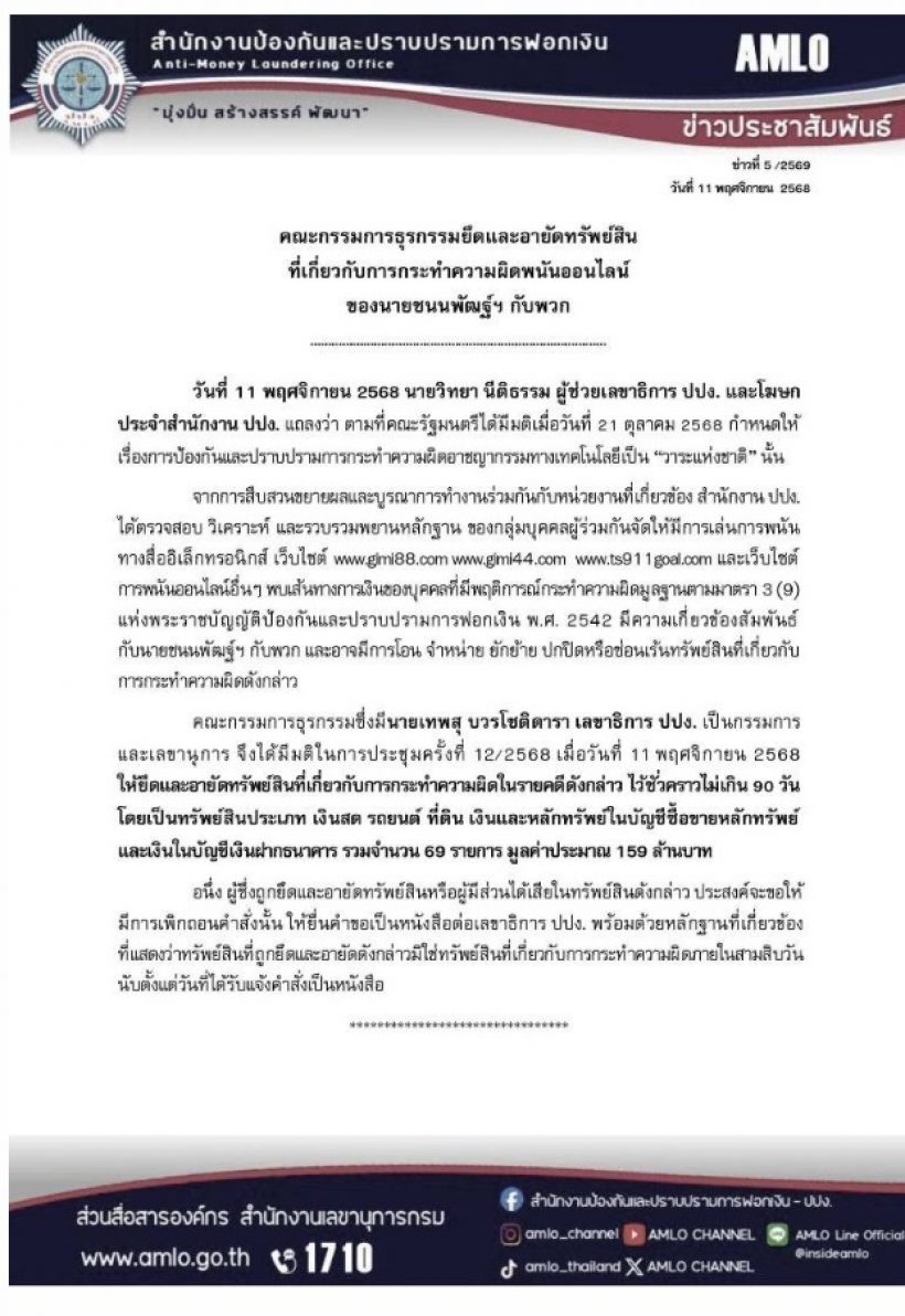 ปปง.สั่งอายัดทรัพย์ ชนนพัฒฐ์-พวก 159 ล้าน โยงพนันออนไลน์