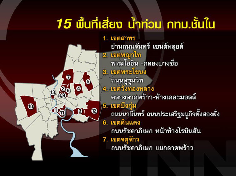 ภาพแสดงพื้นที่น้ำท่วมกรุงเทพชั้นใน 15 เขต (คาดการณ์)