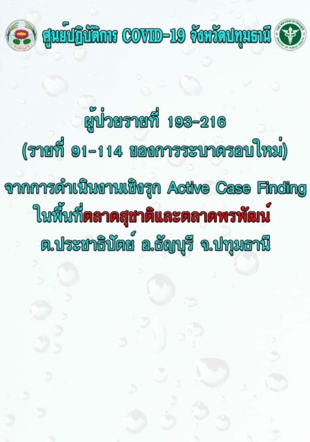 ปทุมธานีพุ่งไม่หยุด! ยอดป่วยโควิด 2 ตลาดดังเพิ่ม 24 ราย