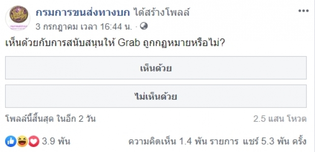  เจอแบบนี้ก็เงิบสิ!   “กรมขนส่งฯ” ตอบแล้ว! ไม่ได้ทำโพลล์โหวต “แกร็บ”  ลั่น! “เพจปลอม”