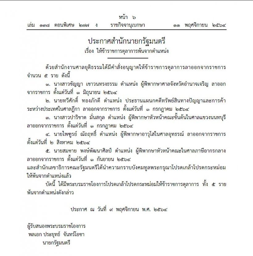 โปรดเกล้าฯ ให้ข้าราชการตุลาการพ้นตำแหน่ง5ราย- เมทินี ชโลธร พ้นประธานศาลฎีกา