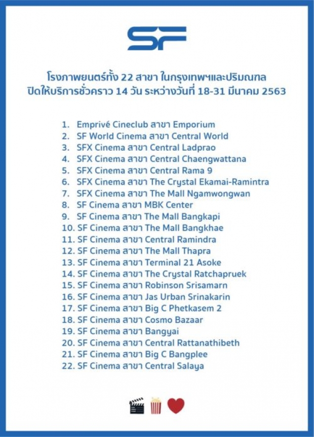 โรงหนัง SF Cinema ประกาศปิด 22 สาขา ชั่วคราว ตามมติ ครม.