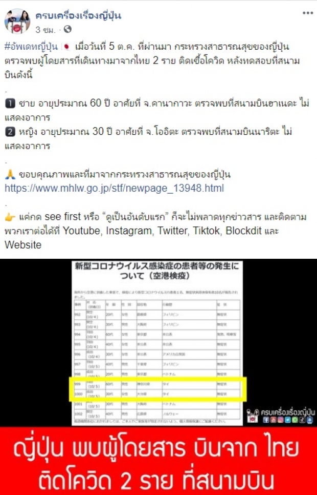 พบอีก!! ญี่ปุ่นพบผู้ติดโควิด-19 เดินทางจากไทย 2 ราย