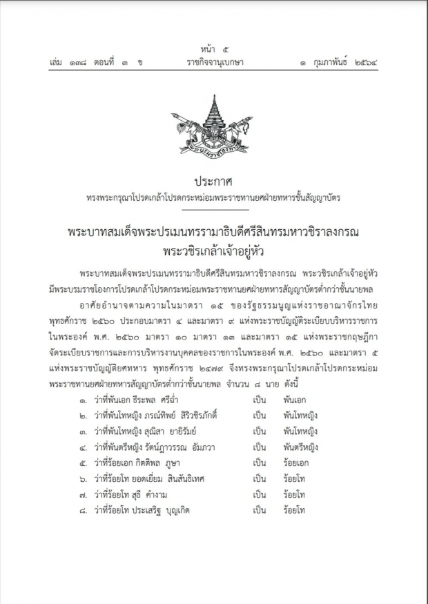 โปรดเกล้าฯพระราชทานยศ ภรณ์ทิพย์ สิริวชิรภักดิ์ เป็นพันโทหญิง