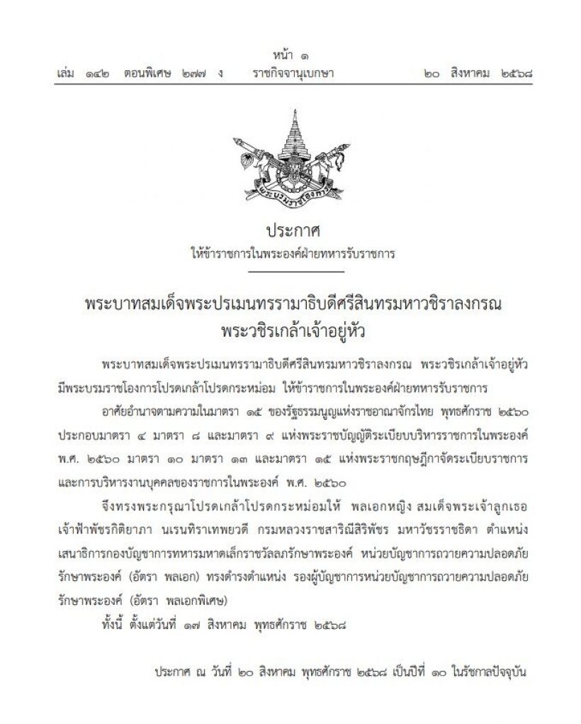 โปรดเกล้าฯ เจ้าฟ้าพัชรกิติยาภาฯ ทรงดำรงตำแหน่ง รองผู้บัญชาการหน่วยฯ