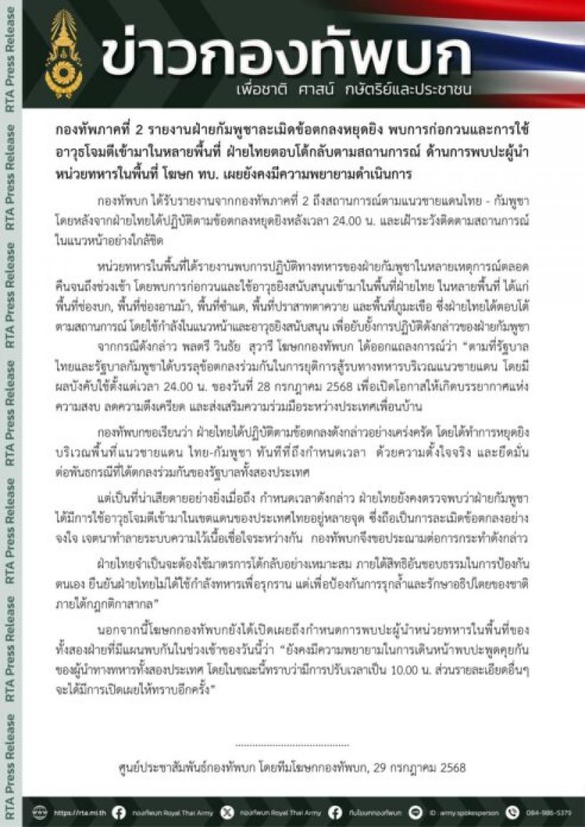 กองทัพภาค 2 รายงาน ทหารกัมพูชา ละเมิดข้อตกลงหยุดยิง