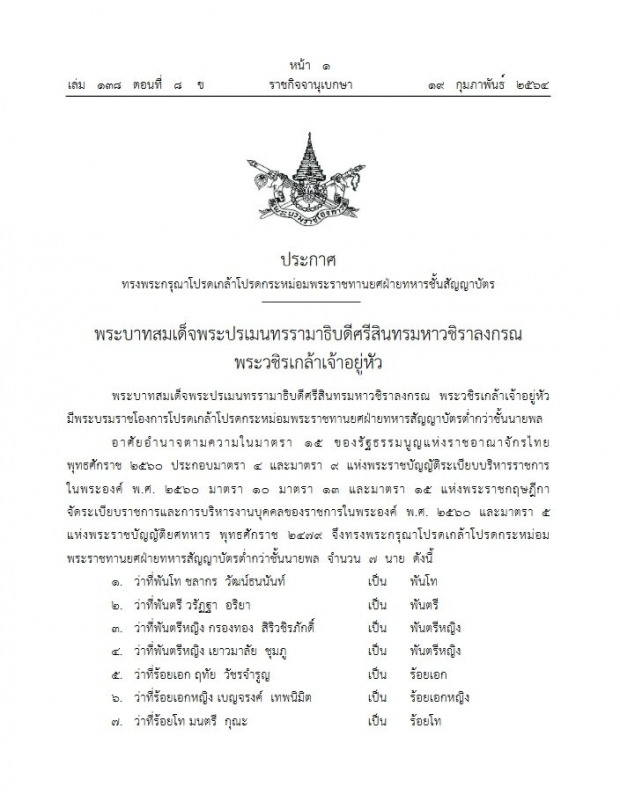 โปรดเกล้าฯ พระราชทานยศ พันตรีหญิง กรองทอง สิริวชิรภักดิ์ และอีก 6นาย