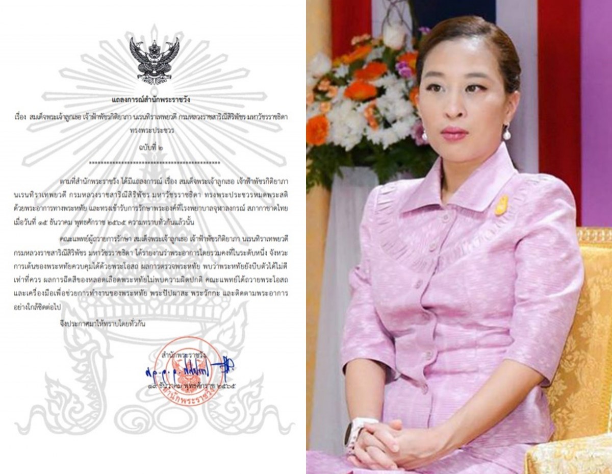 แถลงการณ์สํานักพระราชวัง เจ้าฟ้าพัชรกิติยาภาฯ ทรงพระประชวร ฉบับที่ 2