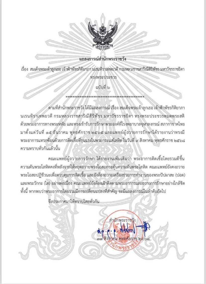 แถลงการณ์สำนักพระราชวังฉบับที่ 6 พระองค์ภาฯ ทรงพระประชวร