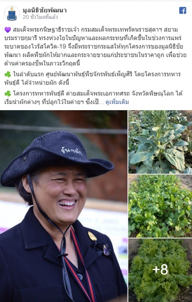 กรมสมเด็จพระเทพฯ ทรงให้ มูลนิธิชัยพัฒนา ผลิตพืชผัก ช่วยวิกฤตโควิด