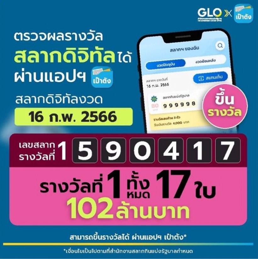  สลากดิจิทัลแตก102ล้าน! เศรษฐีใหม่เฮถูกคนเดียว7ใบรับ42ล้าน