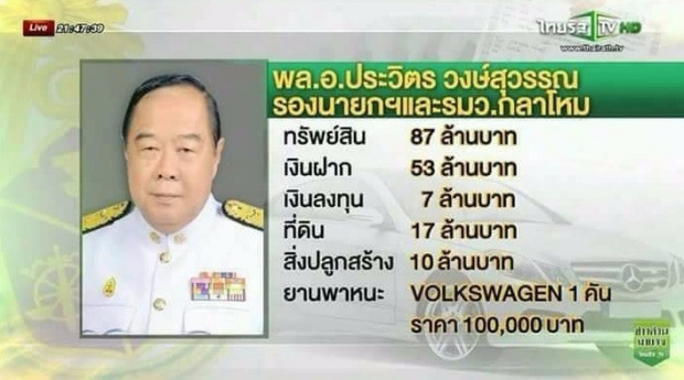 บัญชีทรัพย์สินและหนี้สินของ 12 นายพลทหาร ทีมงานของ พลเอกประยุทธ์ จันทร์โอชา