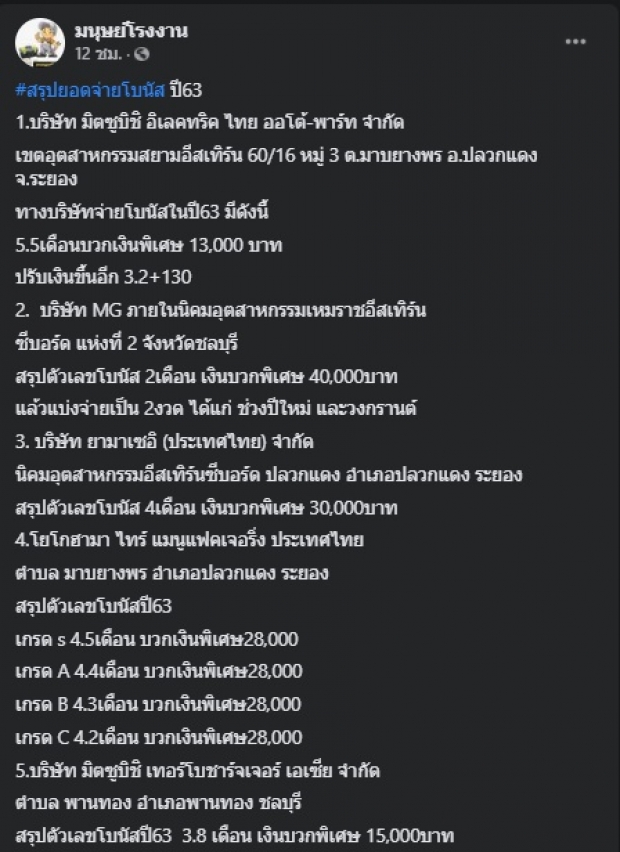 เปิดโบนัส 10 โรงงาน จ่ายให้ลูกจ้างหนักๆทั้งโบนัส-ขึ้นเงินเดือน