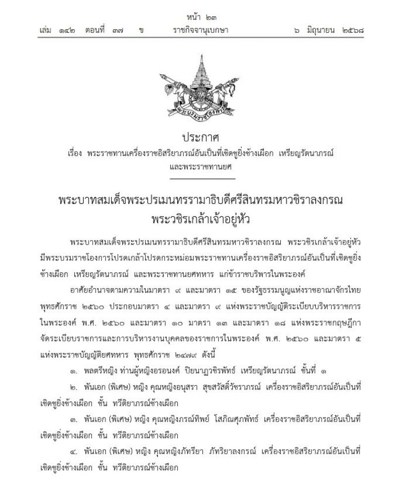 ในหลวง โปรดเกล้าฯ พระราชทานยศ 10 ข้าราชบริพารหญิง