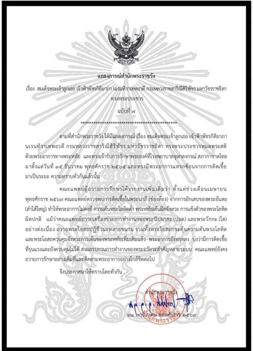 พระอาการล่าสุด เจ้าฟ้าพัชรกิติยาภาฯ พบภาวะติดเชื้อรุนแรงในช่องท้อง