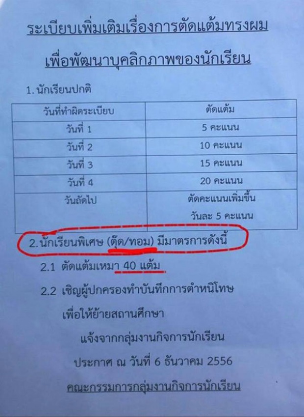 อึ้ง !!! เพศที่ 3 รร.มัธยมแห่งหนึ่ง โดนหั่น 40 คะแนน หากทำผิดระเบียบ ????