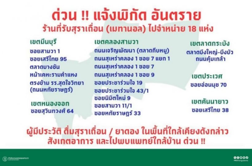 เช็กพิกัดอันตรายร้านขายสุราเถื่อนเมทานอล 6 เขต กทม. 