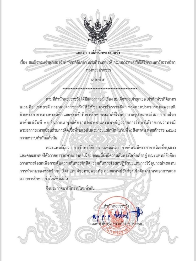 สำนักพระราชวัง แถลงการณ์ฉบับที่ 5 พระอาการล่าสุด พระองค์ภา