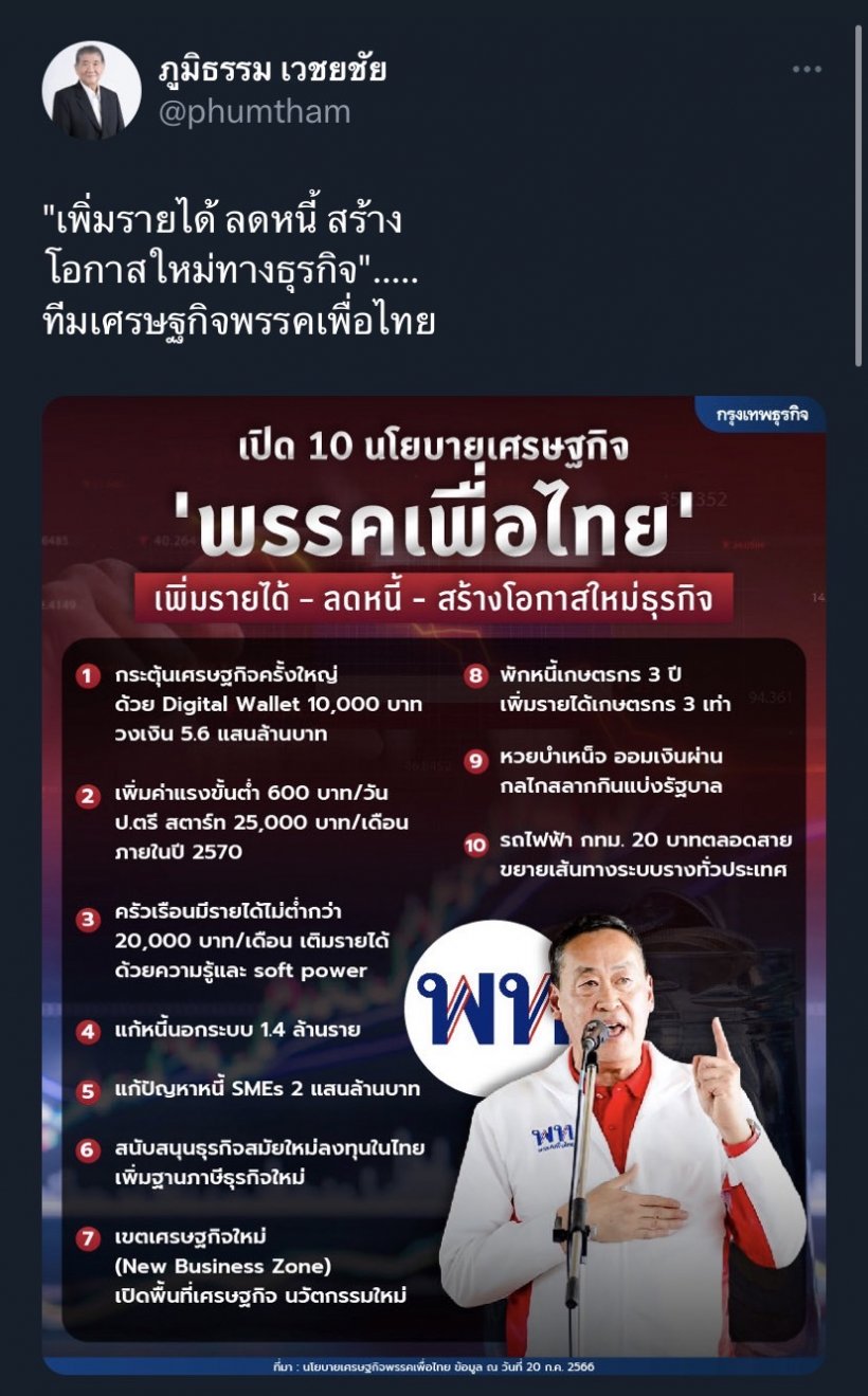 กางนโยบายเศรษฐกิจเด็ดพรรคเพื่อไทย  ลุ้นนั่งเก้าอี้นายกคนที่30