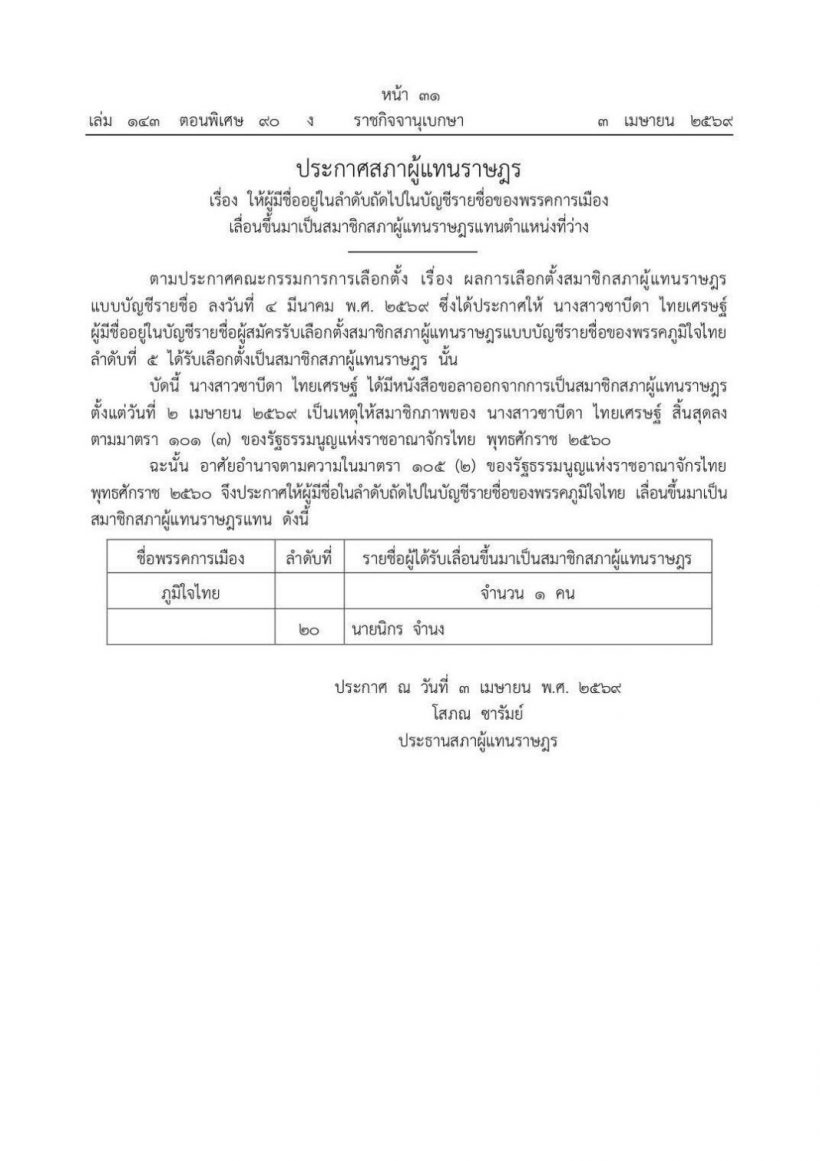 ซาบีดา ลาออก สส. เดินหน้ารับตำเเหน่งใหม่